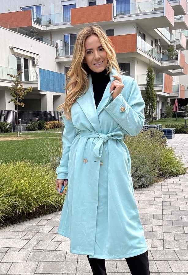 Fannin kabát türkiz – Velúr hatású női kabát – Innova Fashion
